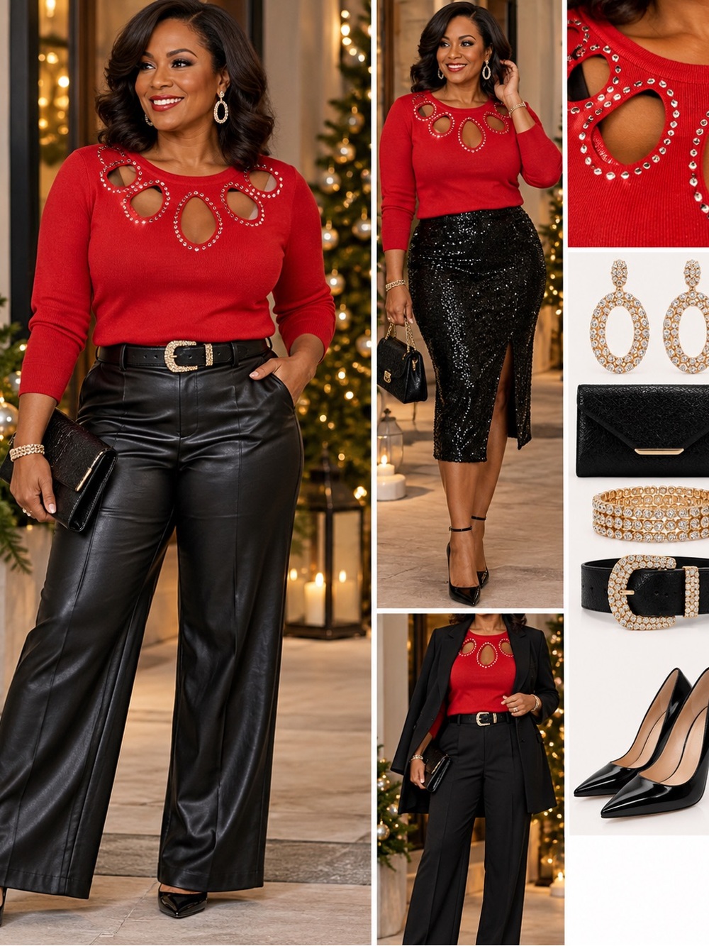 Anne Klein Red Long Sleeve Top with Crystal Cutout Neckline